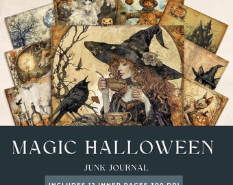 Magic Halloween Junk Journal Pages | Spooky Printables | Holiday Scrapbooking | Magic Witches Pages | Fall Collage Sheet | Autumn Craft