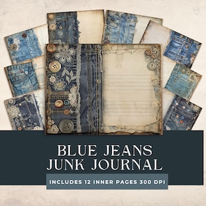 Kit de journal indésirable pour jeans, ancien intercalaire en denim, documents éphémères vintage, albums de coupures, feuille de collage, créations en papier, téléchargement immédiat, papier numérique bleu