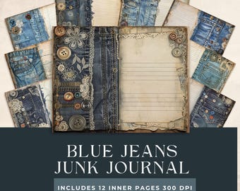 Jeans Junk Journal Kit, Old Denim Insert, Vintage Ephemera, Scrapbooks, Collage Sheet, Paper craft, Instant Download, Blue Digital Paper