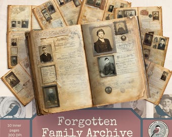 May include: A vintage junk journal kit with aged paper pages and antique photographs. The open journal displays portraits and handwritten notes. The kit includes 10 inner pages and is 300 DPI. The text reads "Forgotten Family Archive" and "Junk Journal Kit."