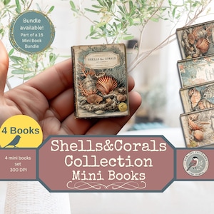 Puede incluir: Un libro en miniatura titulado "Shells & Corals" con ilustraciones de conchas marinas y corales. El libro se sostiene en una mano, con mini libros adicionales visibles. La imagen incluye el texto "Shells & Corals Collection Mini Books".