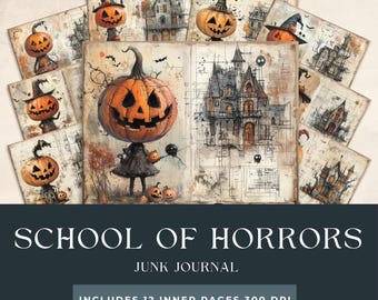 School of Horrors Junk Journal Pages | Spooky Halloween Scrapbooking | Goth Digital Papers | Haunted House Printables | Seasonal Craft