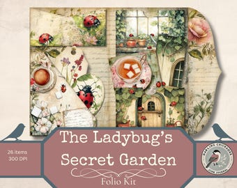 Ladybug Junk Journal Folio Kit – Printable Ladybug’s Secret Garden Ephemera, Vintage Cottagecore Junk Journal, Tags, Pockets, Cards, Folio