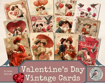 Valentine’s Day Vintage Cards Printable | Classic Romantic Ephemera | Junk Journal Cards | 12 Inserts 300 DPI