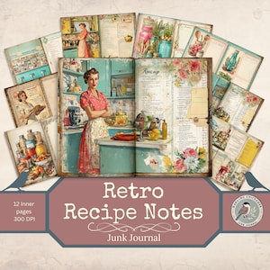 Op de afbeelding: Een vintage junk journal met de tekst "Retro Recipe Notes". Het open journal toont een retro keukenscène met een vrouw in een rode jurk. Omringende pagina's tonen illustraties en tekst met receptthema's. Het journal heeft 12 binnenpagina's.