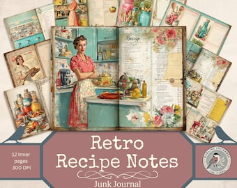 Retro Recipe Notes Journal | Vintage Kitchen Junk Journal Kit | Printable 1950s Cooking Pages | Nostalgic Recipe Notebook