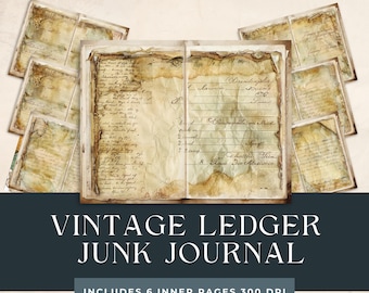 Vintage Ledger Junk Journal / Papeles forrados vintage / Páginas de cuaderno vintage / Papeles de fondo vintage / Imprimibles de libros alterados