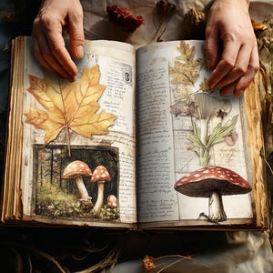 May include: An open book with pages filled with handwritten text and illustrations of mushrooms and leaves. The book is open to a page with a drawing of a red and white mushroom with a brown stem. The book is on a table with a brown surface.