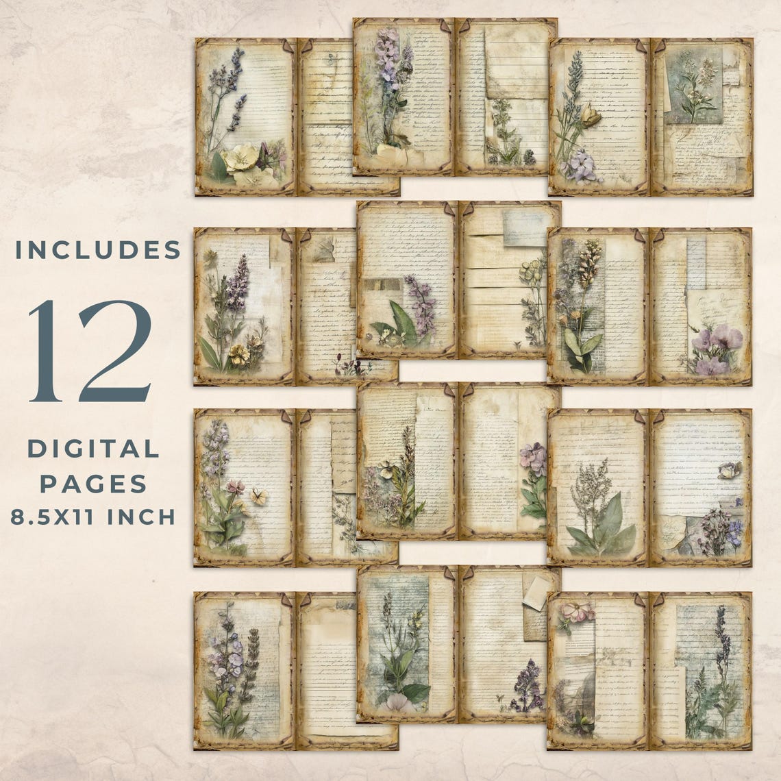 Herbal Pages – Vintage Botanical Junk Journal Kit With Pressed Florals ...