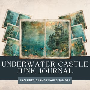 Puede incluir: Un kit de diario de chatarra digital con un castillo submarino en colores azul y verde. El kit incluye seis páginas interiores y tiene 300 DPI.