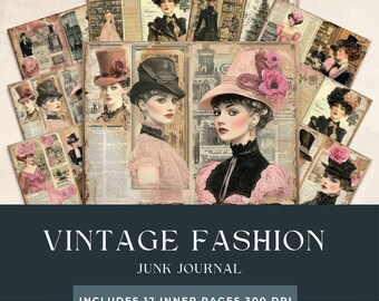 Vintage Fashion Junk Journal Pages | Vintage ladies Scrapbooking |  Vintage Hats Papers | Vintage Dresses Printables |  Pink Fashion
