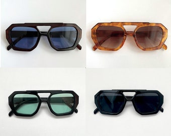 Gafas de sol de aviador aysimétricas cuadradas de gran tamaño RIVER / Lente azul o verde de concha de tortuga negra / Unisex para mujer masculina / Vehla /