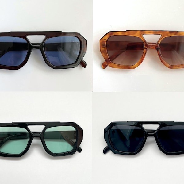 RIVER Oversized Square Aysymetric Aviator Sunglasses | Black tortoise shell tan blue or green lens | Men’s Women’s Unisex | Vehla |