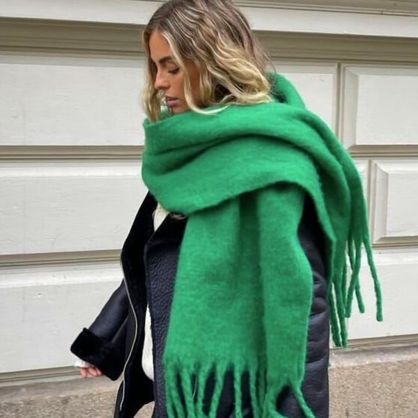 Green, Black, White Oversized Knit Fringe Trim Scarf - Super Soft Polyester Winter Scarf - Extra Long /  Chunky - Christmas Gift