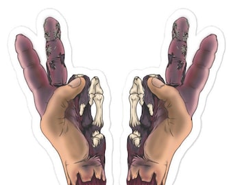 May include: Two skeletal hands with exposed bones and flesh, reaching upwards with fingers extended. The hands are a dark purple and red color, with visible tendons and ligaments.