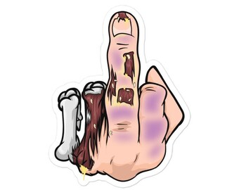 May include: A cartoon illustration of a middle finger with exposed bone and muscle. The finger is raised in a rude gesture. The skin is a pale pink color with purple bruising. The bone is white and the muscle is a reddish brown color.