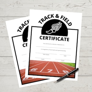 May include: Black and white printable certificate with the text "TRACK & FIELD CERTIFICATE" and a running shoe graphic. The certificate is for recognizing hard work and sportsmanship. The background image is a red running track.