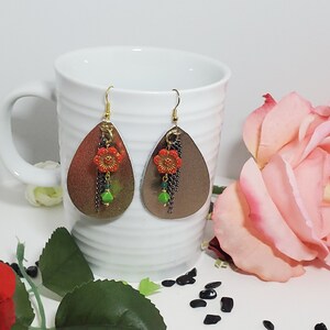 Gold leather earrings with red flower, Leather earrings, Gold earrings