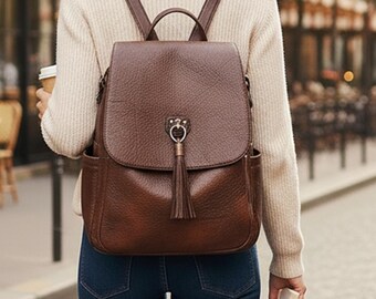Sac Bandoulière En Cuir Véritable Vintage - Convertible En Sac à Dos, 6 Poches, Uni Sexe