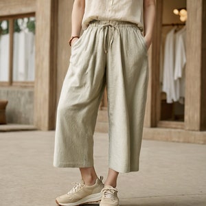 Organic Linen Wide Leg Pants: High Waist Trousers with Pockets