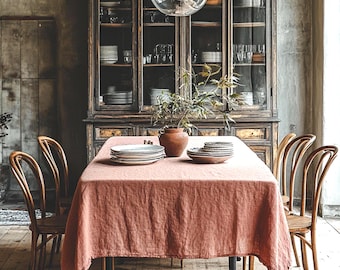 Boho Peach Linen Tablecloth: Elegant Farmhouse Table Decor