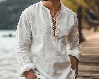 Mens Long Sleeve T-Shirts Drawstring Casual Comfort Loose