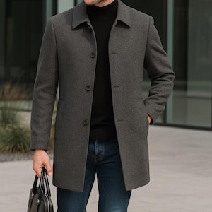 Cappotto lungo minimalista da uomo – Cappotto moderno slim fit per lavoro e viaggio – Cappotto leggero in poliestere