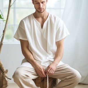 Boho casual shirts voor mannen, yoga katoenen tuniekshirt, middeleeuwse tuniek, zomer herenshirt, boho heren zomerkleding
