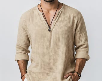 Handmade Gauze Cotton Shirt: Men's Bohemian V-Neck Top