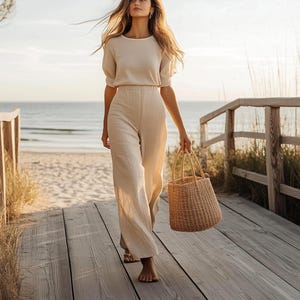 Beige Two Piece Set for Women | Lounge Outfit | Summer Cotton Co-ord | Wide Leg Pants and Top | Minimalist Resort Wear | Boho Travel Set