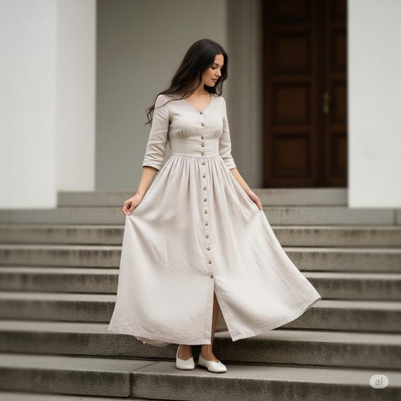 Striped Cotton-linen Maxi Dress: Buttoned V-neck Spring Dress - Etsy Israel