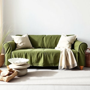 Pure Linen Sofa Cover: Boho Farmhouse Style, Durable Couch Protector