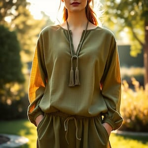 Women&#39;s Cotton Linen Blouse: Bohemian V-Neck Tunic Top