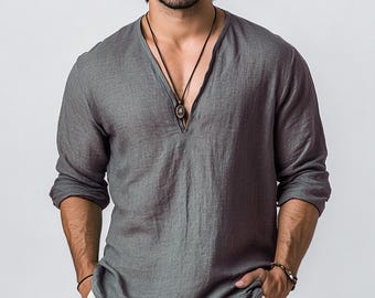 Men's Linen Shirt: Soft V-Neck Boho Cotton Long Sleeve