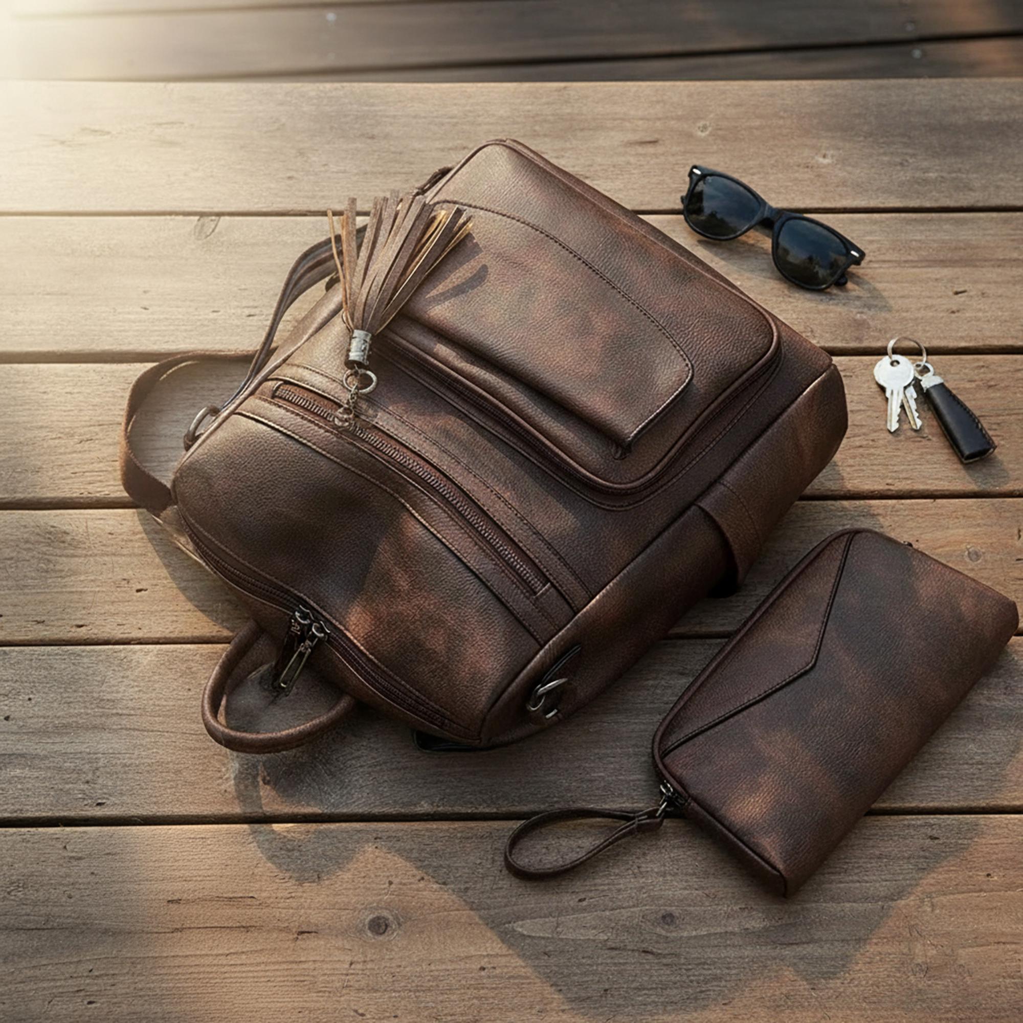 Convertible Brown Faux Leather Backpack Set With Clutch - Etsy