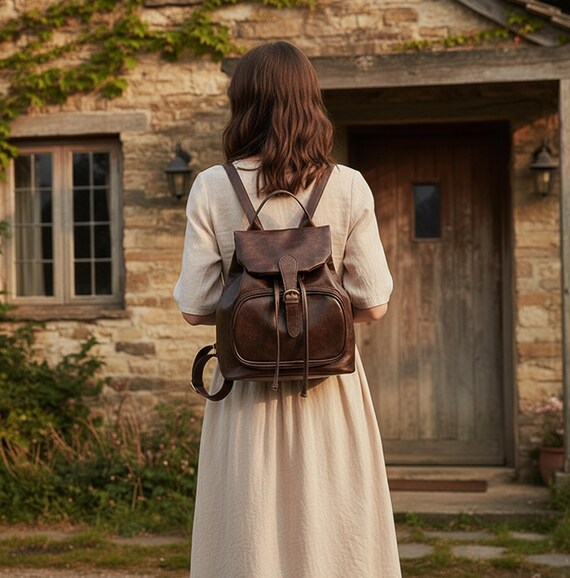 Women\'s Leather Flap Backpack in Rustic Tan Handmade Tan Leather Backpack Purse: Urban Travel Rucksack  main image 3