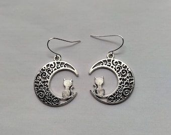 Silver Cat on Crescent Moon Earrings, Cat Jewelry, Cat Lovers Gift, Cat on Moon Earrings, Silver Drop Earrings, Handmade, Gift for her