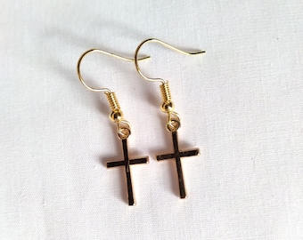 Gold Cross Earrings, Cross Earrings, Cross Drop Earrings, Gold Earrings, Handmade, Religious, Dangle Earrings, Gift, Religious Cross Charm