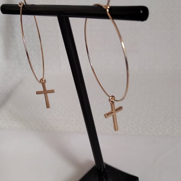 Gold Cross Hoop Earrings, Cross Hoops, Hoop Earrings, Gold Cross Hoops, Hoops, gifts under 15, Religious Cross, Dangle Earrings, Handmade