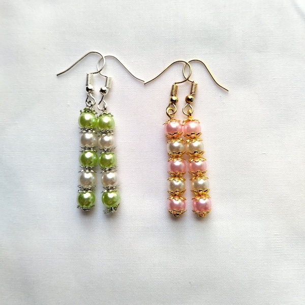 Beaded Earrings, Bead Earrings, Handmade Earrings, Pink Bead Earrings, Green Bead Earrings, Dangle Earrings, Drop Earrings, Filigree Accent