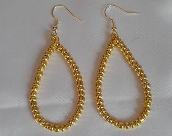 Gold Seed Bead Dangle Earrings, Hoops, Seed Bead Teardrop Hoop Earrings, Gold Earrings, Handmade, 3", Lightweight, Gold Glass Bead Earrings