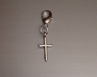 Zipper charm, purse charm, zipper pull, clip on bracelet charm, planner charm, Religious Cross, gifts under 10, Silver cross dangle charm