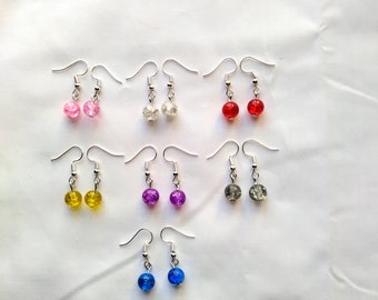 Crackle Glass Bead Earrings, Bead Earrings, Glass Beaded Earrings, Gifts under 10, Pink, Clear, Red, Yellow, Purple, Gray, Blue, Dangle Drop