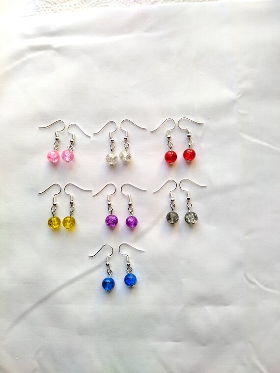 Handmade Silver Plated Dangle Earrings – Blue & Pink Crackle Beads, Hook Closure