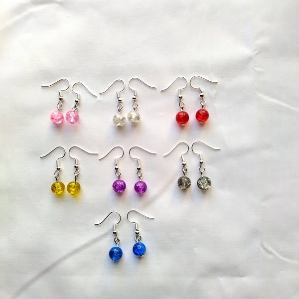 Crackle Glass Bead Earrings, Bead Earrings, Glass Beaded Earrings, Gifts under 10, Pink, Clear, Red, Yellow, Purple, Gray, Blue, Dangle Drop