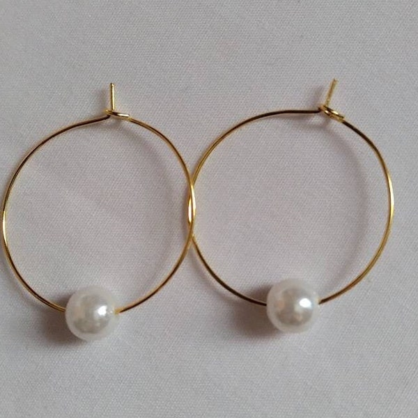White Pearl Gold Hoop earrings, Pearl hoops, handmade, Pearl Earrings, Hoops, White Pearl Earrings, Gifts under 10, Simple Wedding Jewelry
