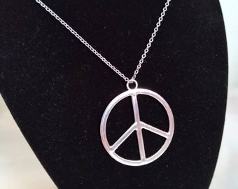 Peace Sign Necklace, Extra Large Peace Sign Pendant, Silver Peace Sign Necklace Stainless Steel, Gifts under 30, Retro, Hippie, 60s, 18 inch