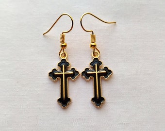 Gold and Black Cross Dangle Earrings, Religious, Christian, Cross Earrings, Gift, Elegant