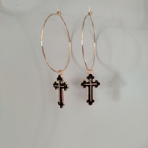 Gold Cross Hoop Earrings, Black Cross Dangle Hoops, Cross Hoops, Hoop Earrings, Religious, Cross, Dangle Earrings, Handmade, Gift for Her