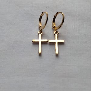 Gold Cross Huggie Hoops Earrings, Cross Dangle Hoops, Cross Hoops, Cross Huggies, Handmade, Religious, Huggies, Hoops, Gift, Dainty, Charm